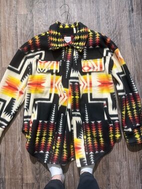 Southwestern Pattern Fleece Shacket in Black, Yellow & Red